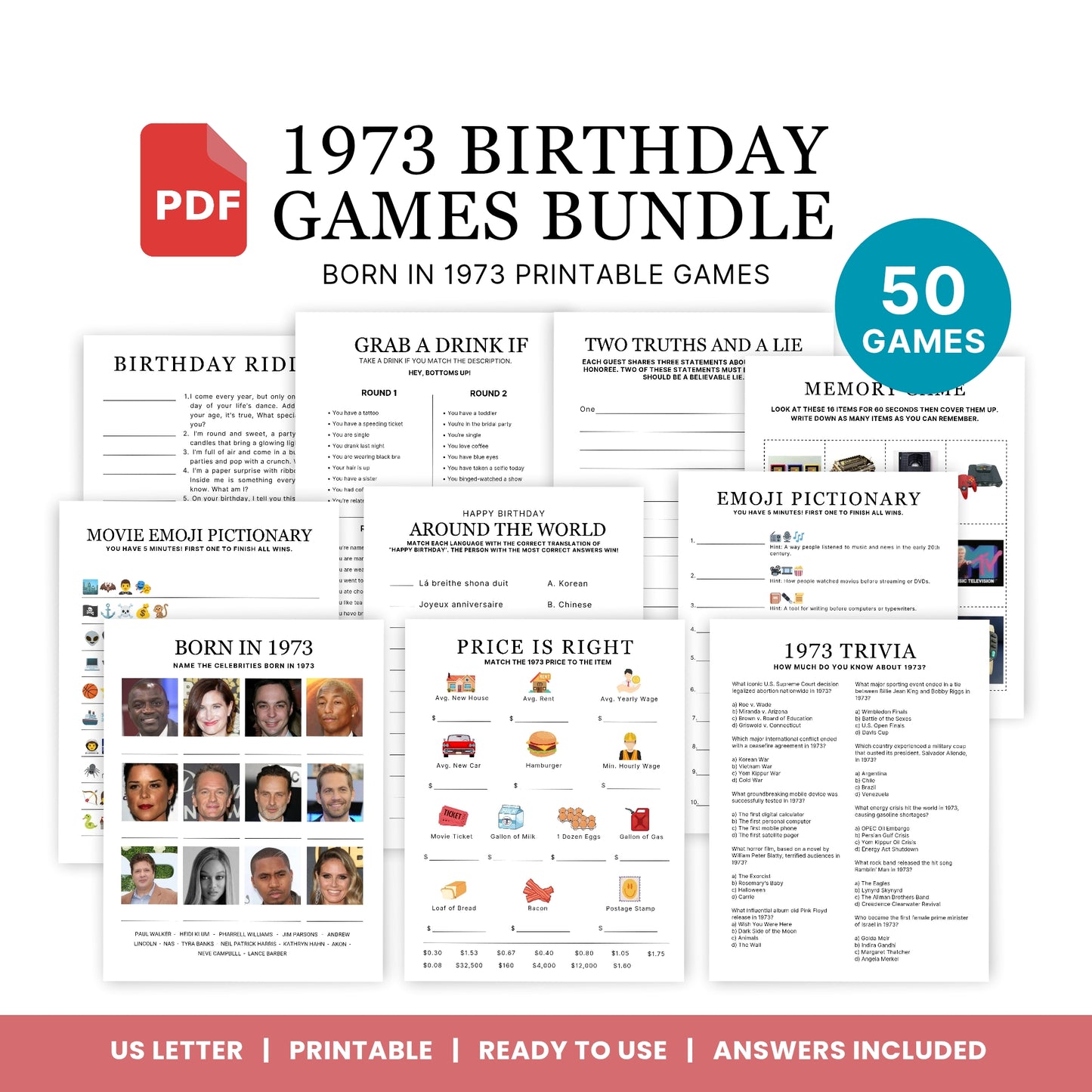 1973 Birthday Games, Born in 1973 Games, 50th Birthday Party Games, Printable Birthday Bundle