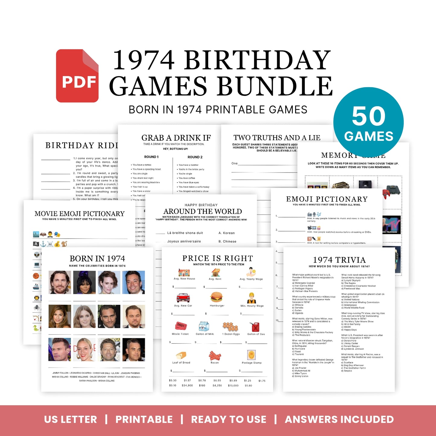 1974 Birthday Games, Born in 1974 Games, 52nd Birthday Party Games, Printable Birthday Bundle