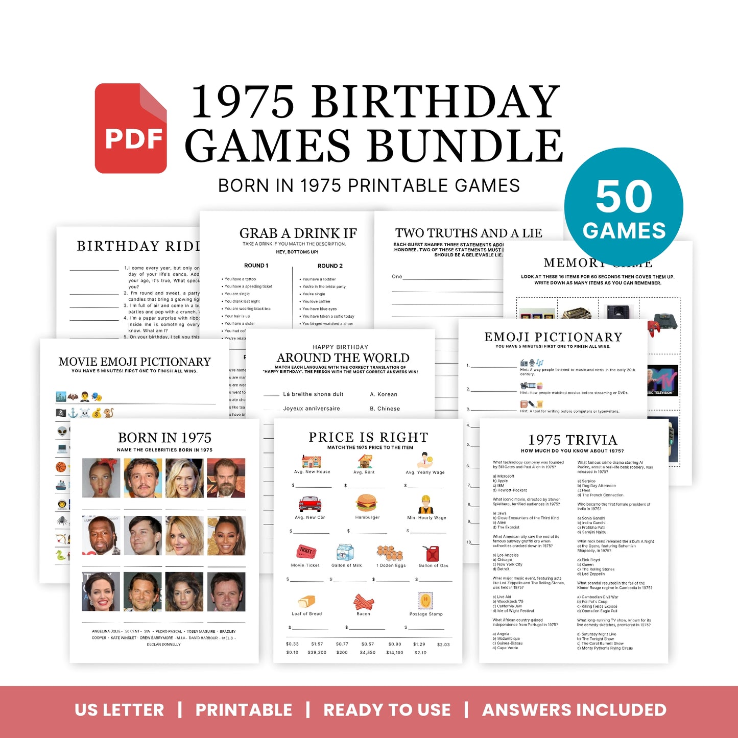 1975 Birthday Games, Born in 1975 Games, 51st Birthday Party Games, Printable Birthday Bundle