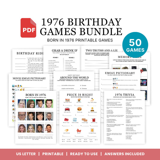 1976 Birthday Games, Born in 1976 Games, 50th Birthday Party Games, Printable Birthday Bundle