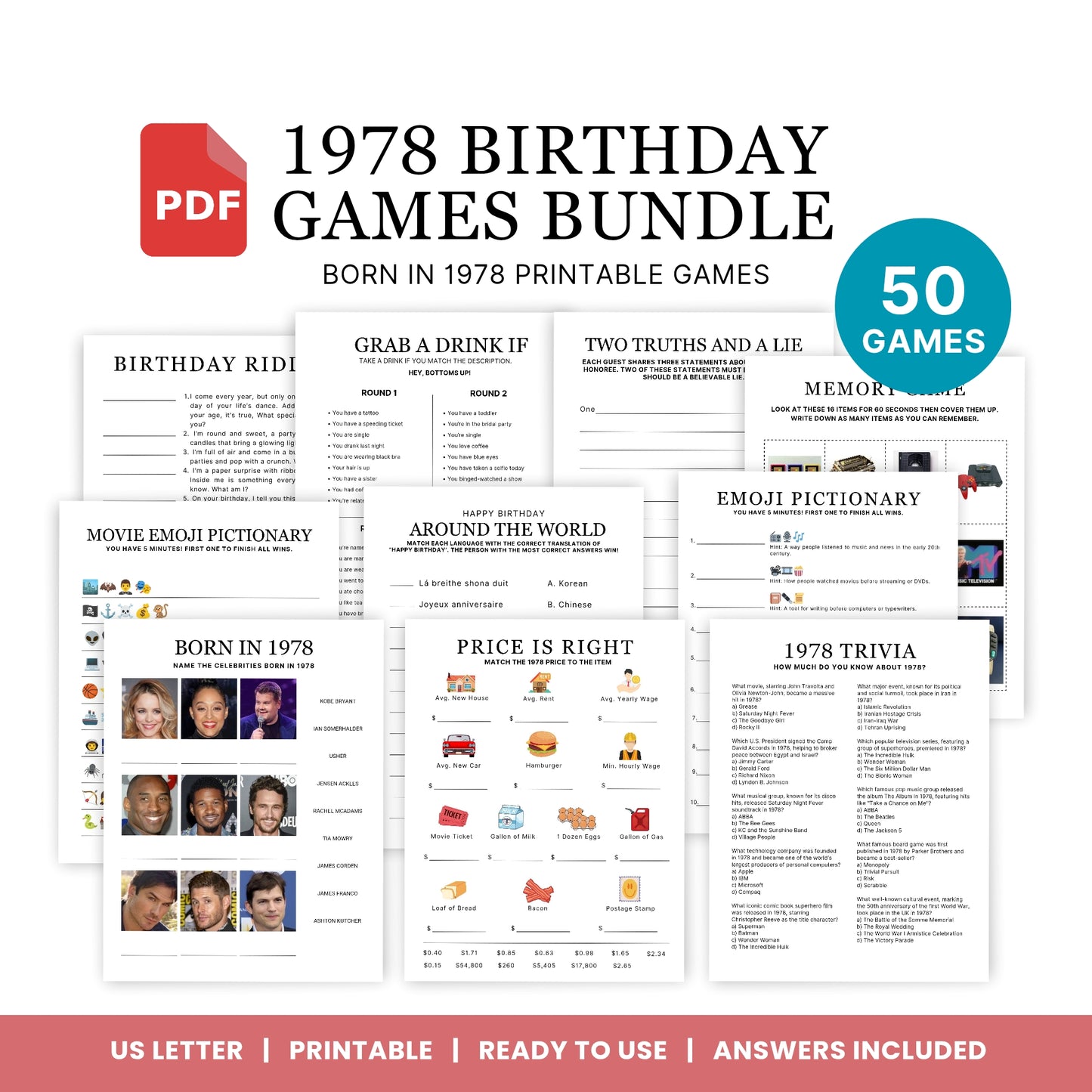 1978 Birthday Games, Born in 1978 Games, 48th Birthday Party Games, Printable Birthday Bundle