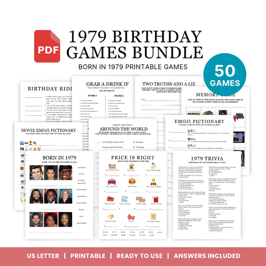 1979 Birthday Games, Born in 1979 Games, 47th Birthday Party Games, Printable Birthday Bundle