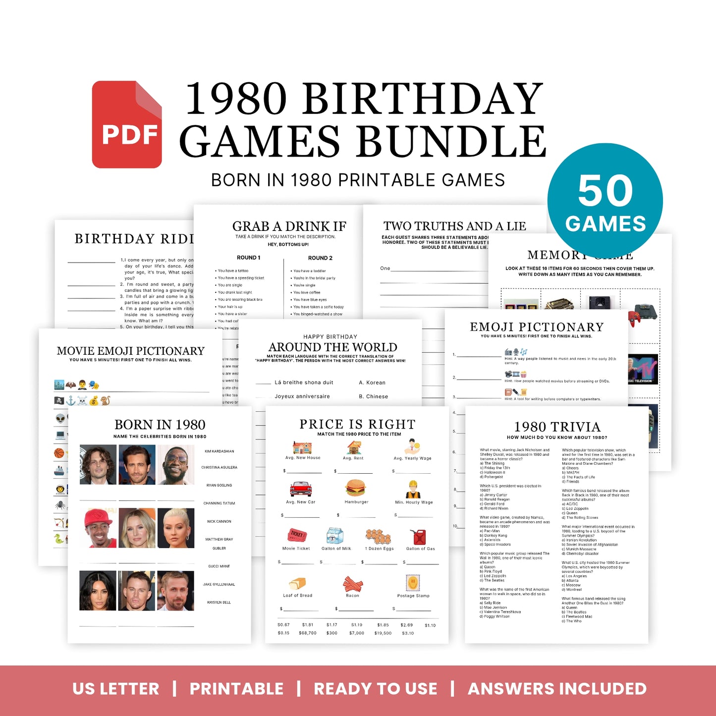 1980 Birthday Games, Born in 1980 Games, 46th Birthday Party Games, Printable Birthday Bundle