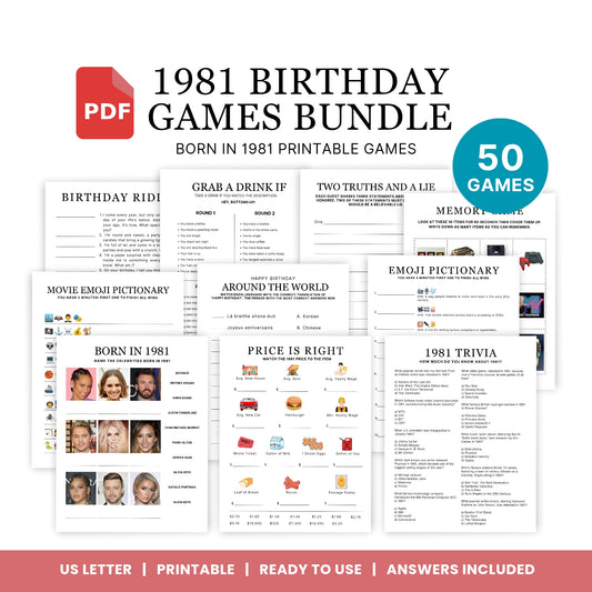 1981 Birthday Games, Born in 1981 Games, 45th Birthday Party Games, Printable Birthday Bundle