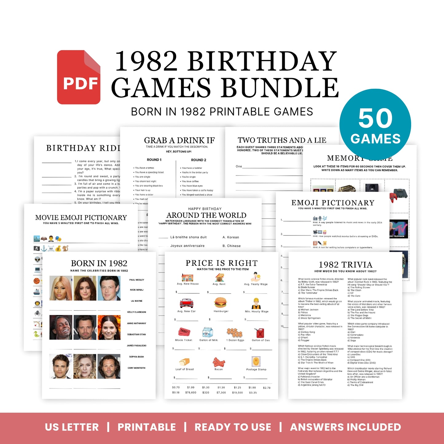 1982 Birthday Games, Born in 1982 Games, 44th Birthday Party Games, Printable Birthday Bundle