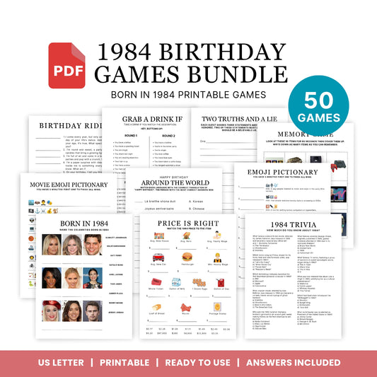 1984 Birthday Games, Born in 1984 Games, 42nd Birthday Party Games, Printable Birthday Bundle