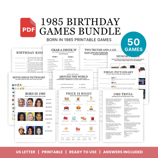 1985 Birthday Games, Born in 1985 Games, 41st Birthday Party Games, Printable Birthday Bundle