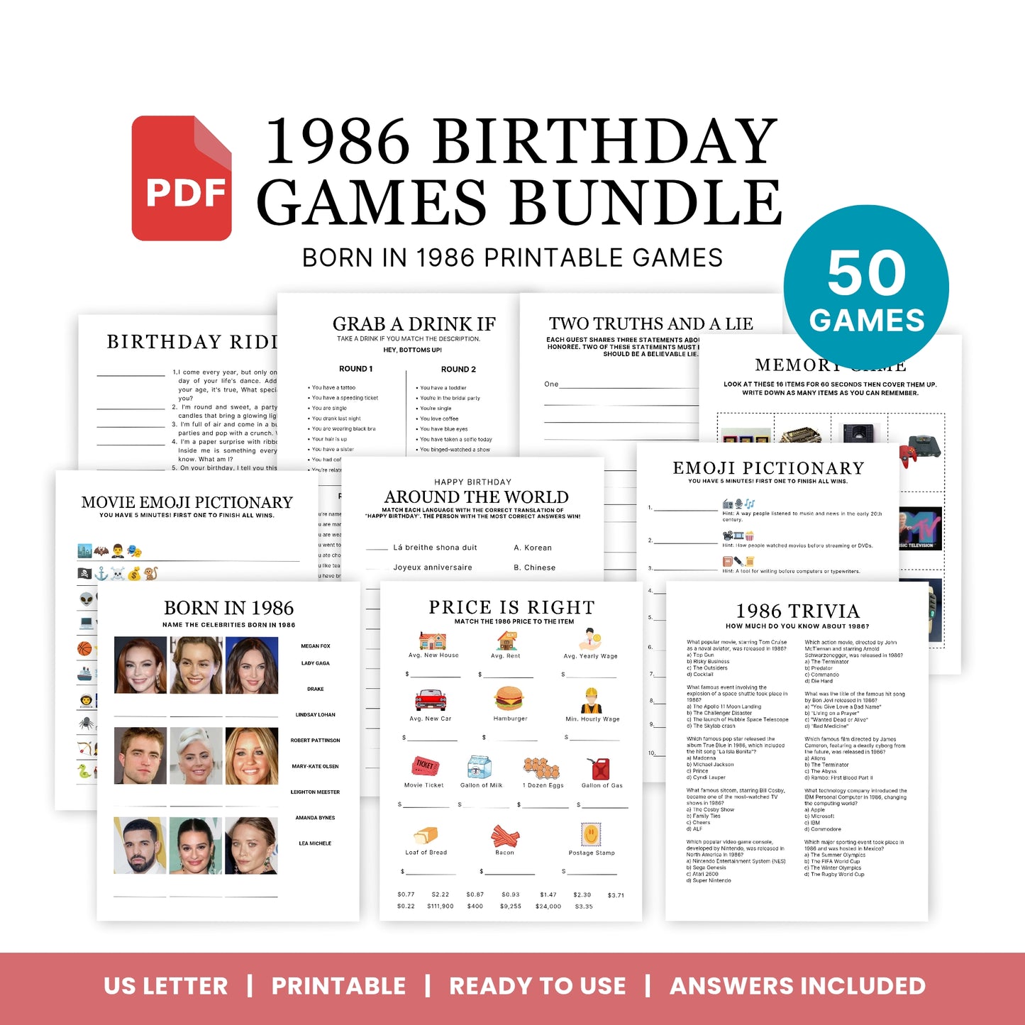 1986 Birthday Games, Born in 1986 Games, 40th Birthday Party Games, Printable Birthday Bundle