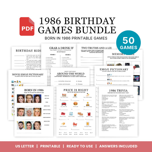 1986 Birthday Games, Born in 1986 Games, 40th Birthday Party Games, Printable Birthday Bundle