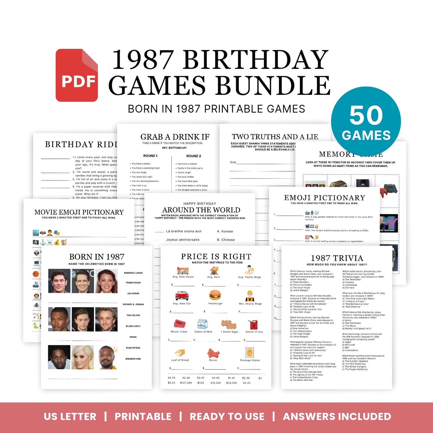 1987 Birthday Games, Born in 1987 Games, 39th Birthday Party Games, Printable Birthday Bundle