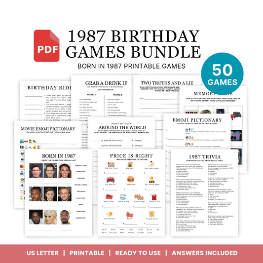 1987 Birthday Games, Born in 1987 Games, 39th Birthday Party Games, Printable Birthday Bundle