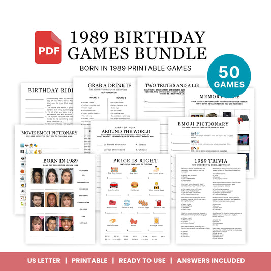 1989 Birthday Games, Born in 1989 Games, 37th Birthday Party Games, Printable Birthday Bundle