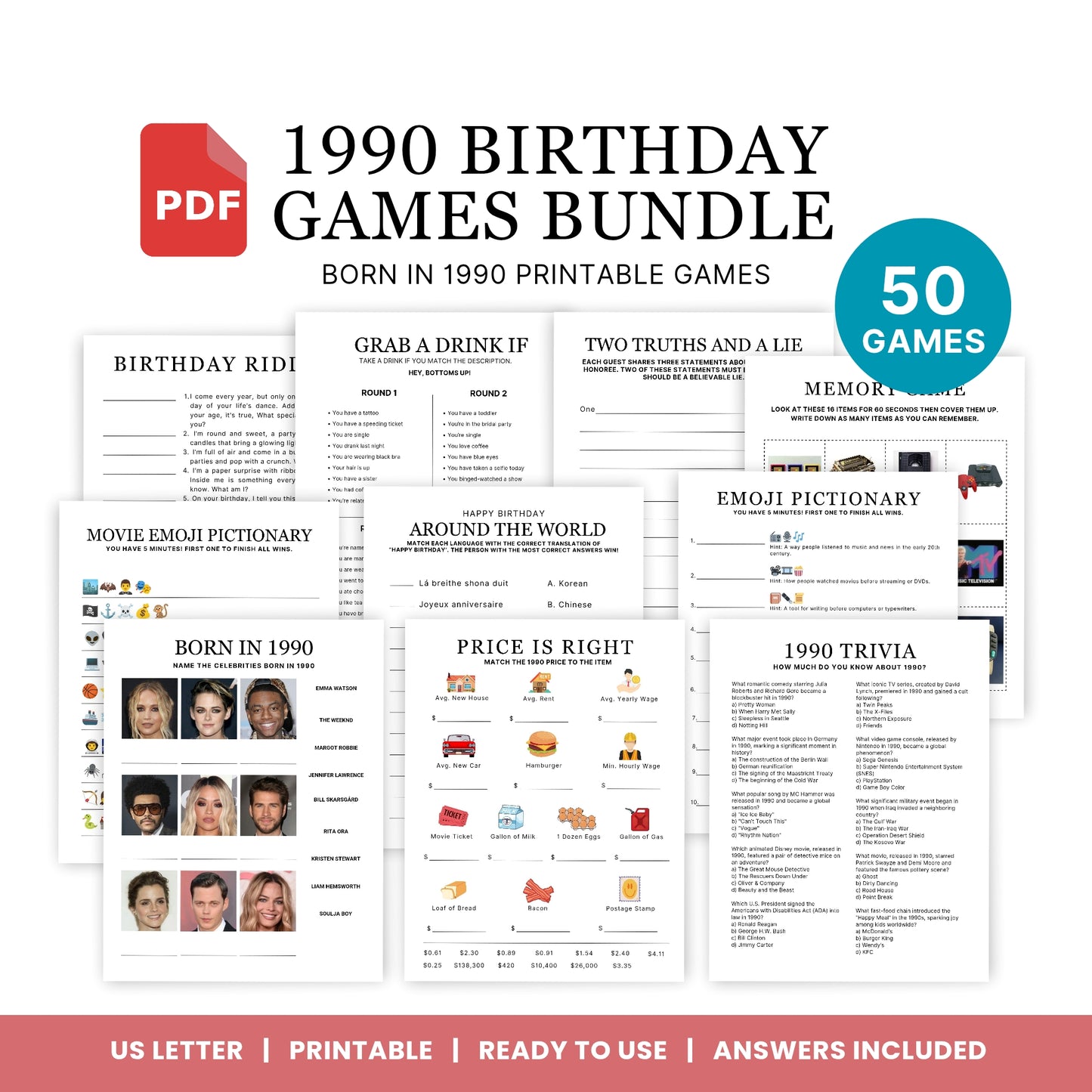 1990 Birthday Games, Born in 1990 Games, 36th Birthday Party Games, Printable Birthday Bundle