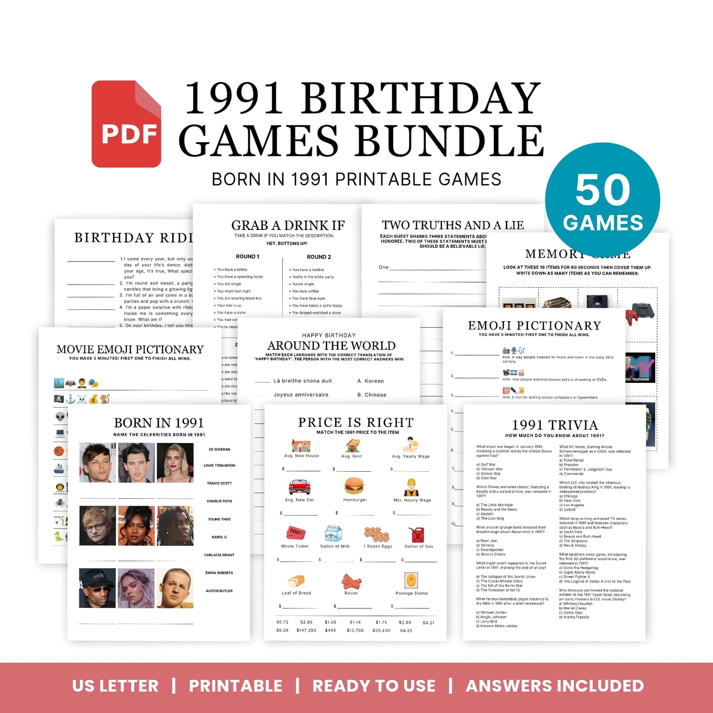 1991 Birthday Games, Born in 1991 Games, Birthday Party Games, Printable Birthday Bundle