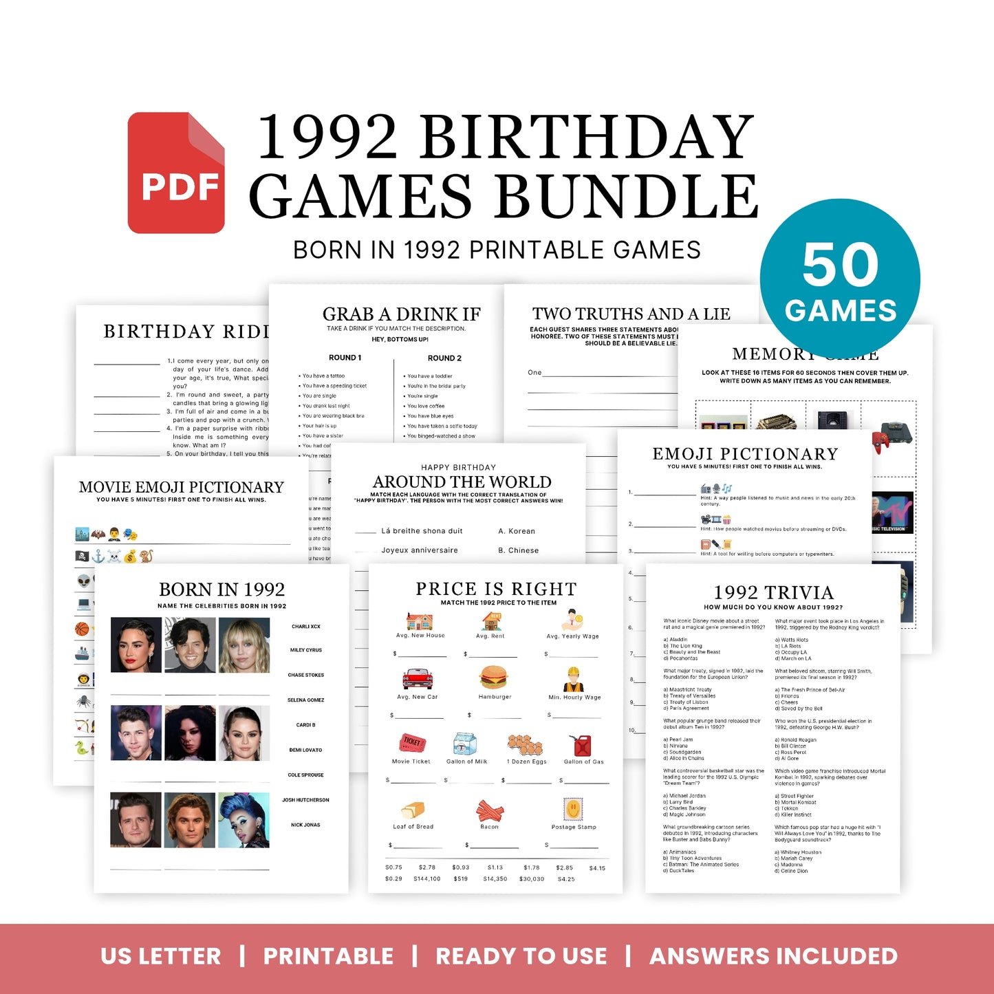 1992 Birthday Games, Born in 1992 Games, Birthday Party Games, Printable Birthday Bundle