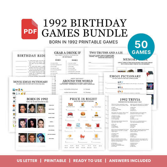 1992 Birthday Games, Born in 1992 Games, Birthday Party Games, Printable Birthday Bundle