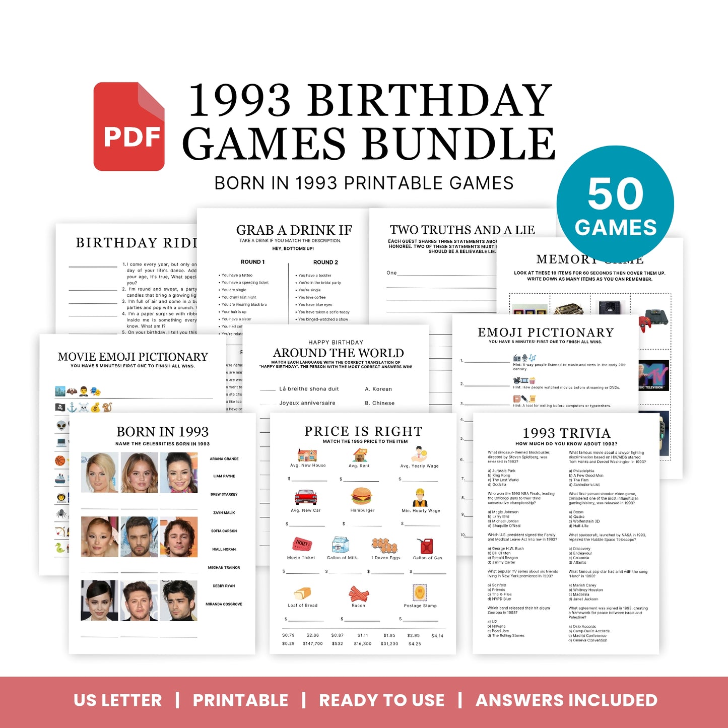 1993 Birthday Games, Born in 1993 Games, Birthday Party Games, Printable Birthday Bundle