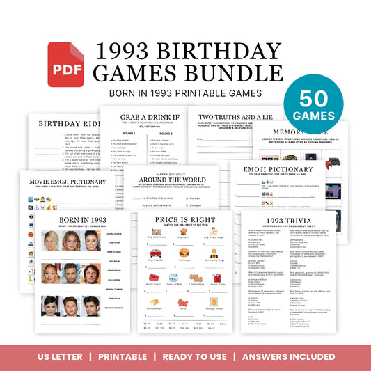 1993 Birthday Games, Born in 1993 Games, Birthday Party Games, Printable Birthday Bundle