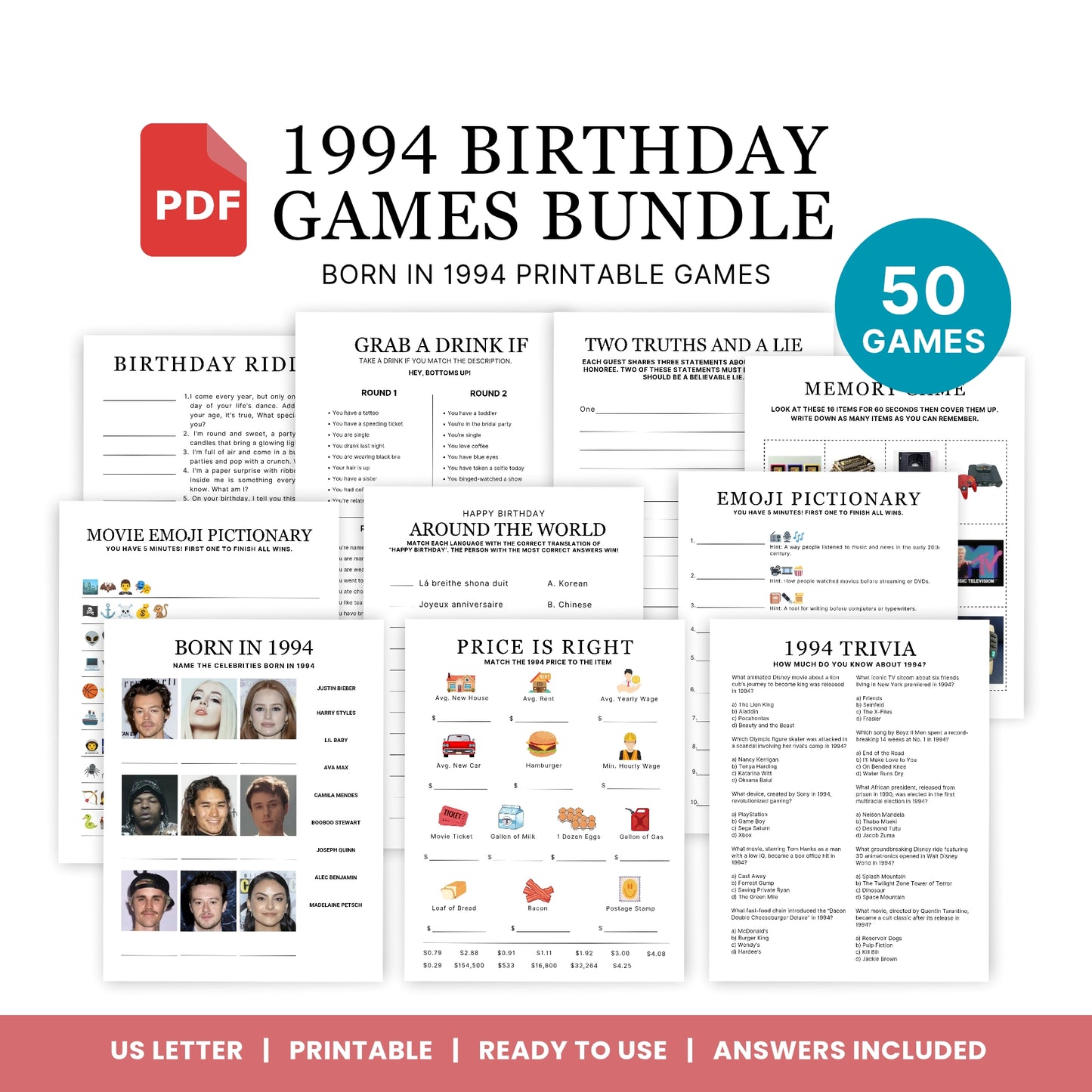 1994 Birthday Games, Born in 1994 Games, Birthday Party Games, Printable Birthday Bundle