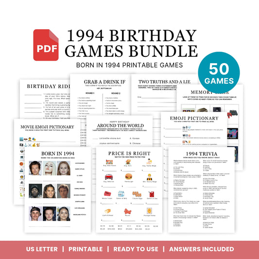 1994 Birthday Games, Born in 1994 Games, Birthday Party Games, Printable Birthday Bundle