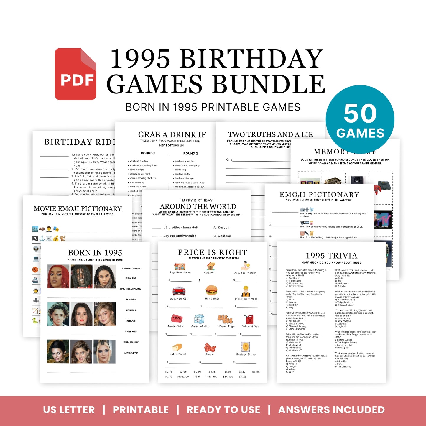 1995 Birthday Games, Born in 1995 Games, Birthday Party Games, Printable Birthday Bundle