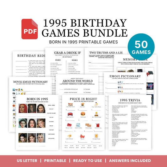 1995 Birthday Games, Born in 1995 Games, Birthday Party Games, Printable Birthday Bundle