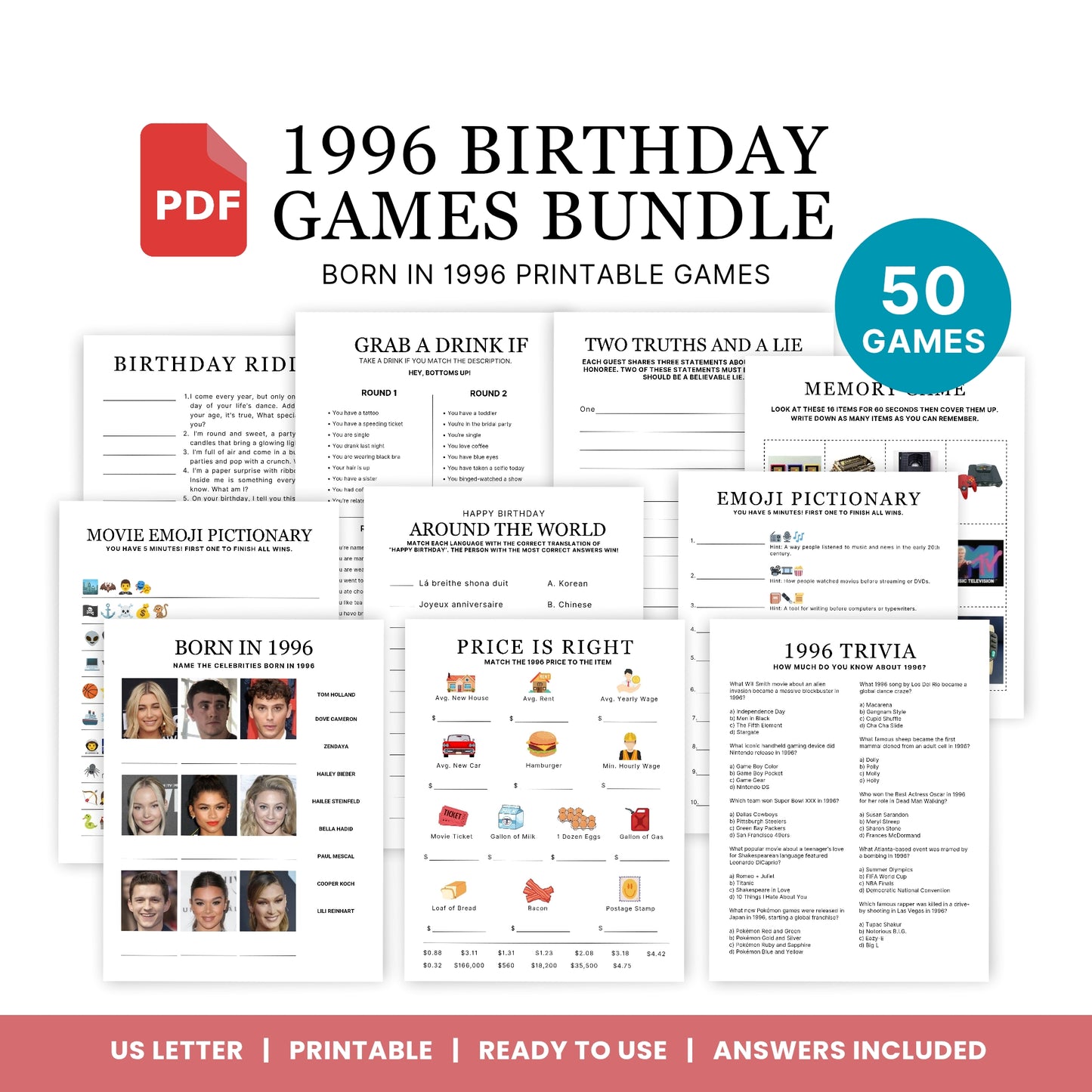 1996 Birthday Games, Born in 1996 Games, Birthday Party Games, Printable Birthday Bundle