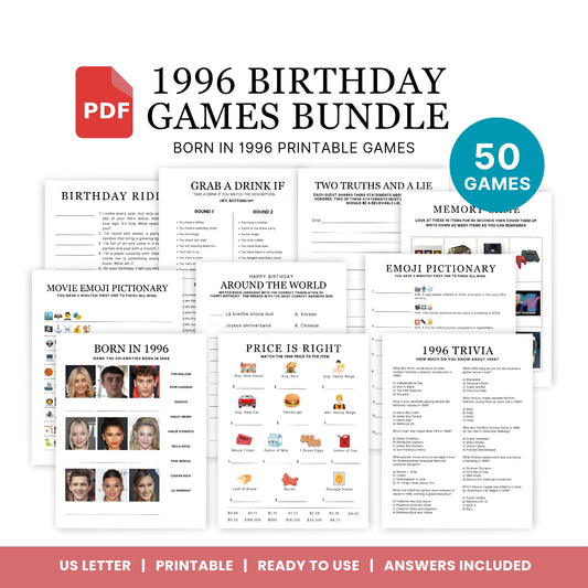 1996 Birthday Games, Born in 1996 Games, Birthday Party Games, Printable Birthday Bundle