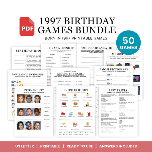 1997 Birthday Games, Born in 1997 Games, Birthday Party Games, Printable Birthday Bundle