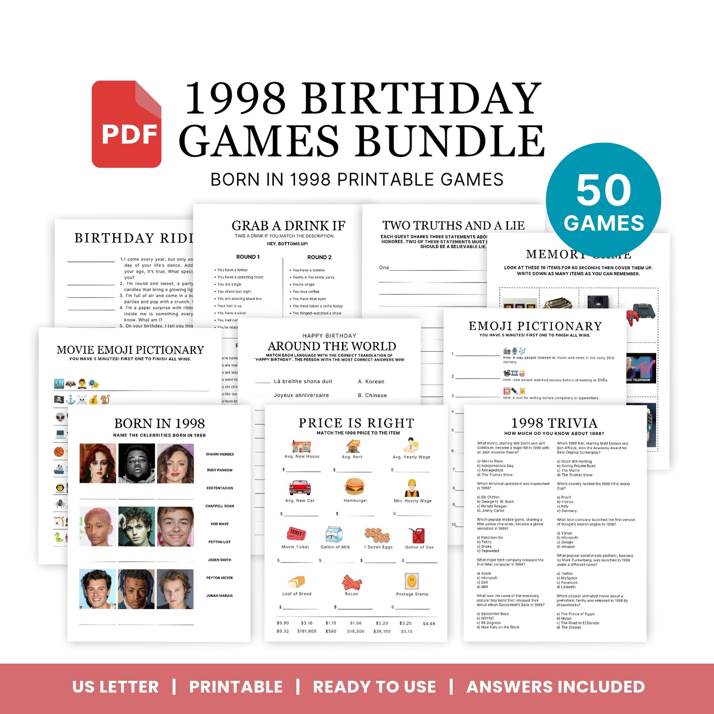 1998 Birthday Games, Born in 1998 Games, Birthday Party Games, Printable Birthday Bundle