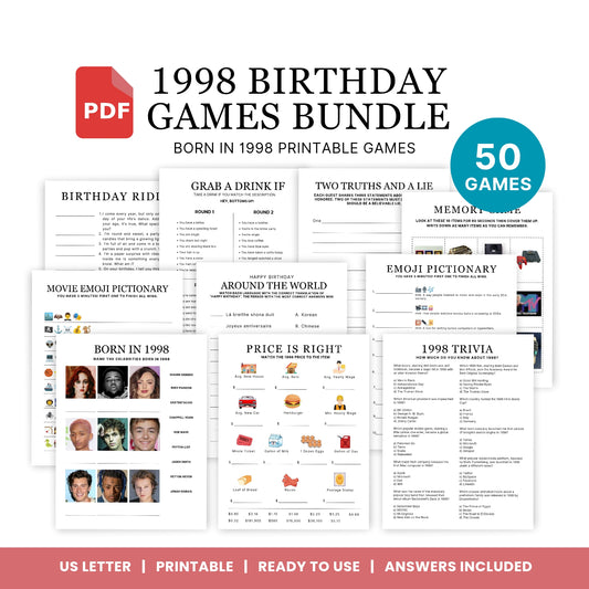 1998 Birthday Games, Born in 1998 Games, Birthday Party Games, Printable Birthday Bundle