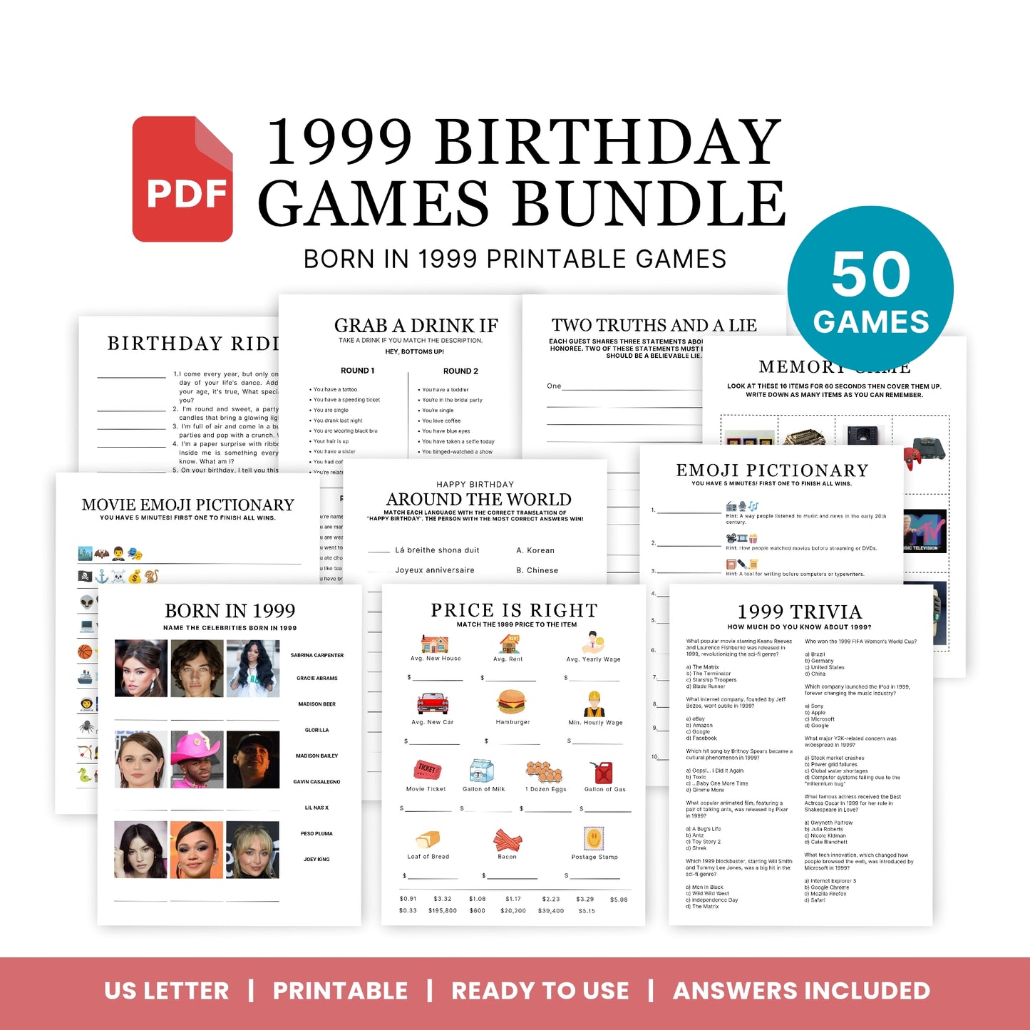 1999 Birthday Games, Born in 1999 Games, Birthday Party Games, Printable Birthday Bundle