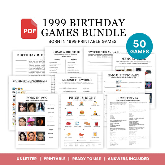 1999 Birthday Games, Born in 1999 Games, Birthday Party Games, Printable Birthday Bundle