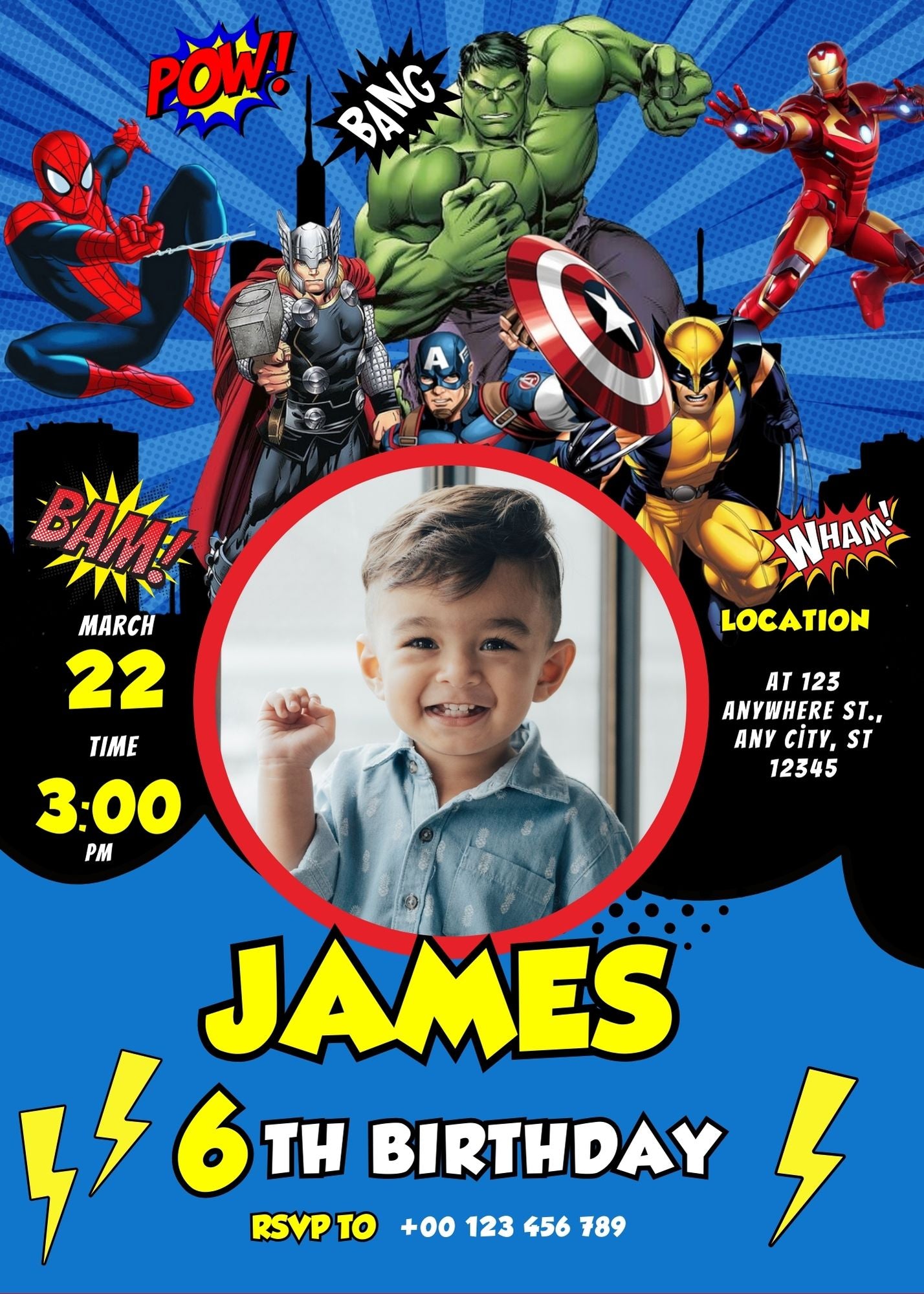 Superheroes Custom Birthday Invitation Blue Theme