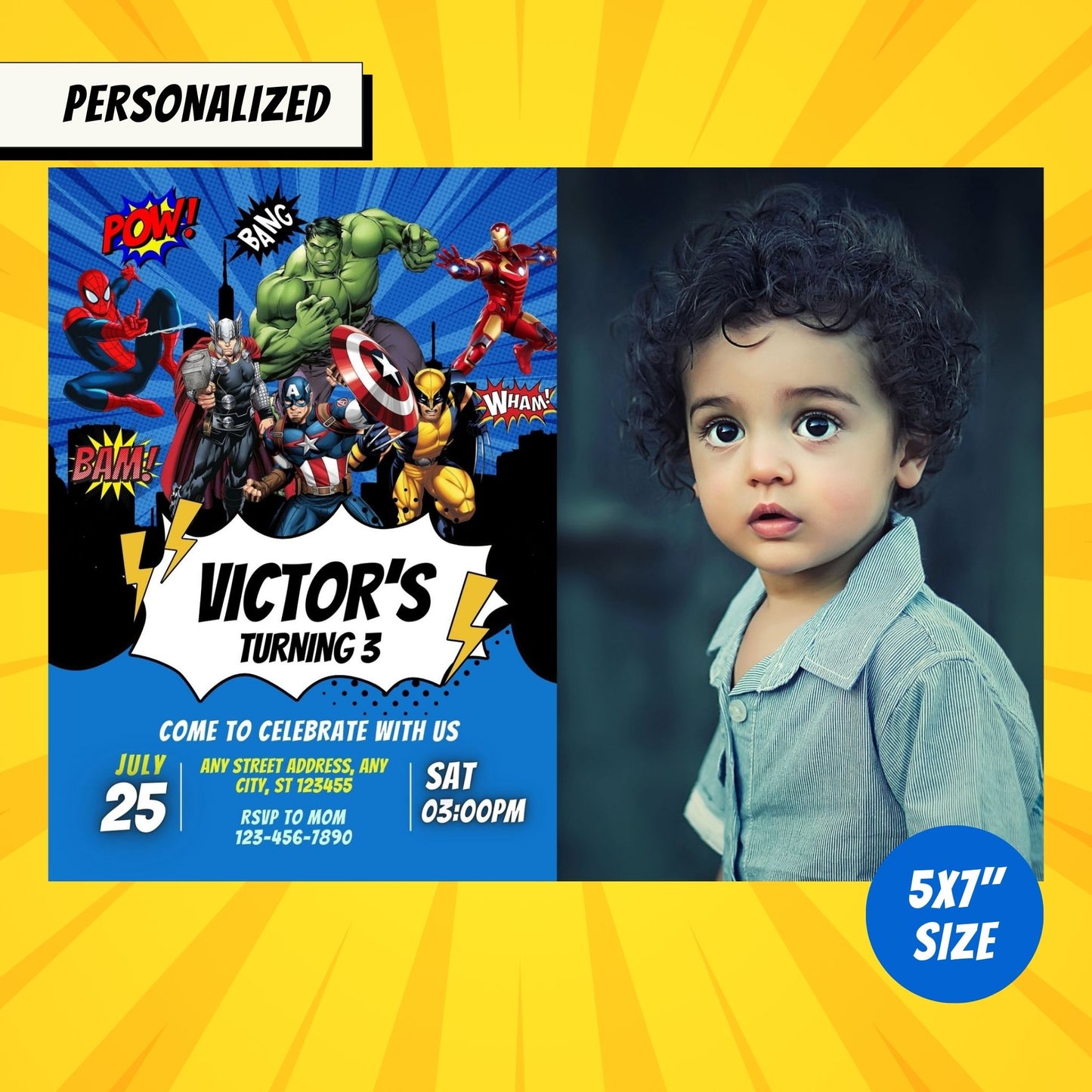 Superheroes Custom Birthday Invitation with Photo Blue Theme