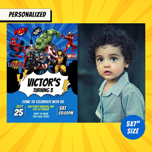 Superheroes Custom Birthday Invitation with Photo Blue Theme