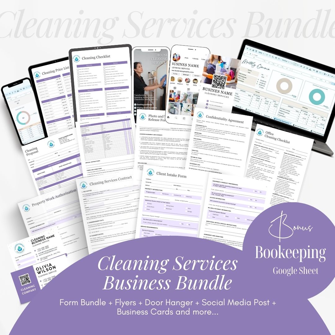 Cleaning Services Bundle, Business Forms, Door Hanger, Flyers, Business Card, Social Media Post, Canva Templates