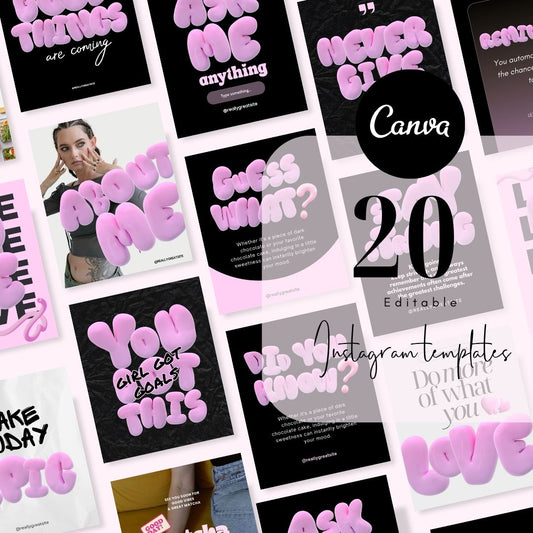 20 Bold Black Pink Vibrant Pop Colorful Social Media Instagram Post, Personal Brand kit, Editable Canva Templates