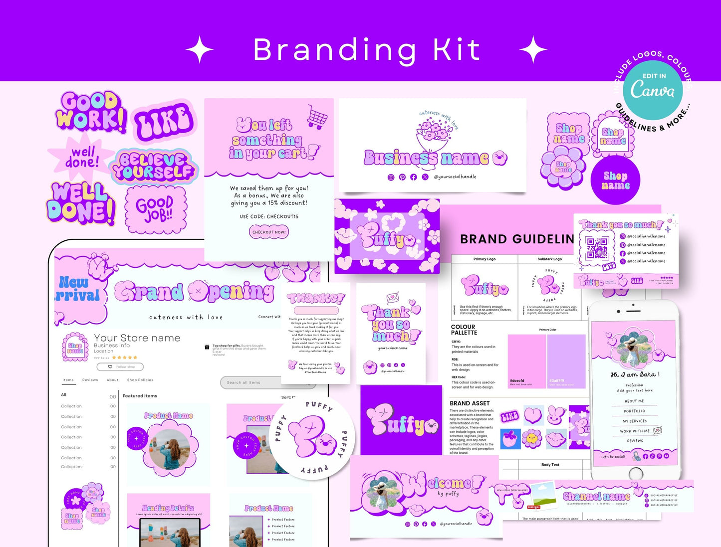 Branding Kit Puffy Canva Templates Product Fashion Coach Etsy Kit Blue Purple Theme