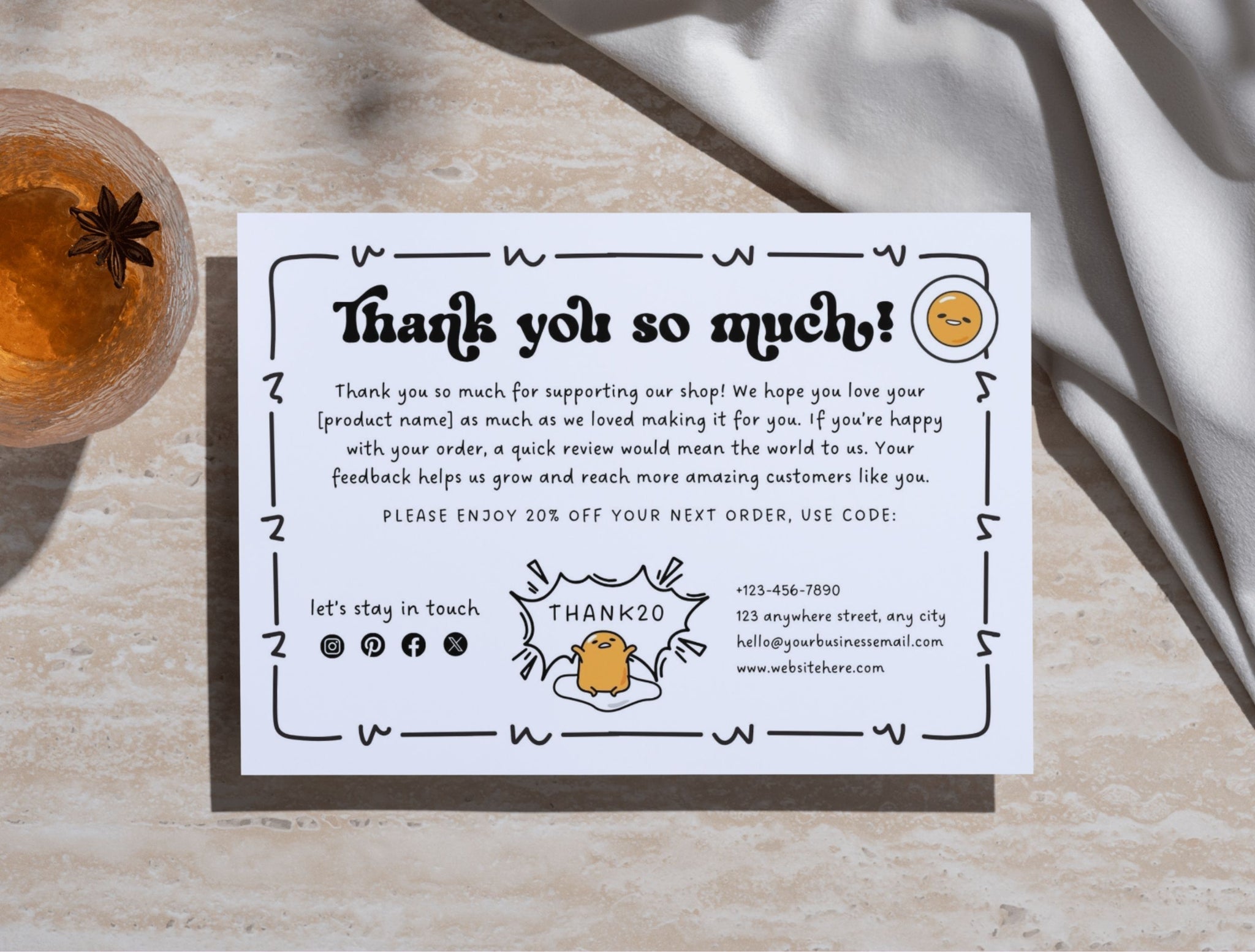Small Business Printable Canva Templates – Thank You & Loyalty Card, Gift Certificate, QR Code Payment Gudetama Playful Fun Theme