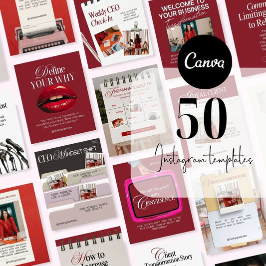 Wellness & Mindset Coach Social Media Manager SMM Posts and Stories Instagram 30 day Marketing Digital Canva Red Theme