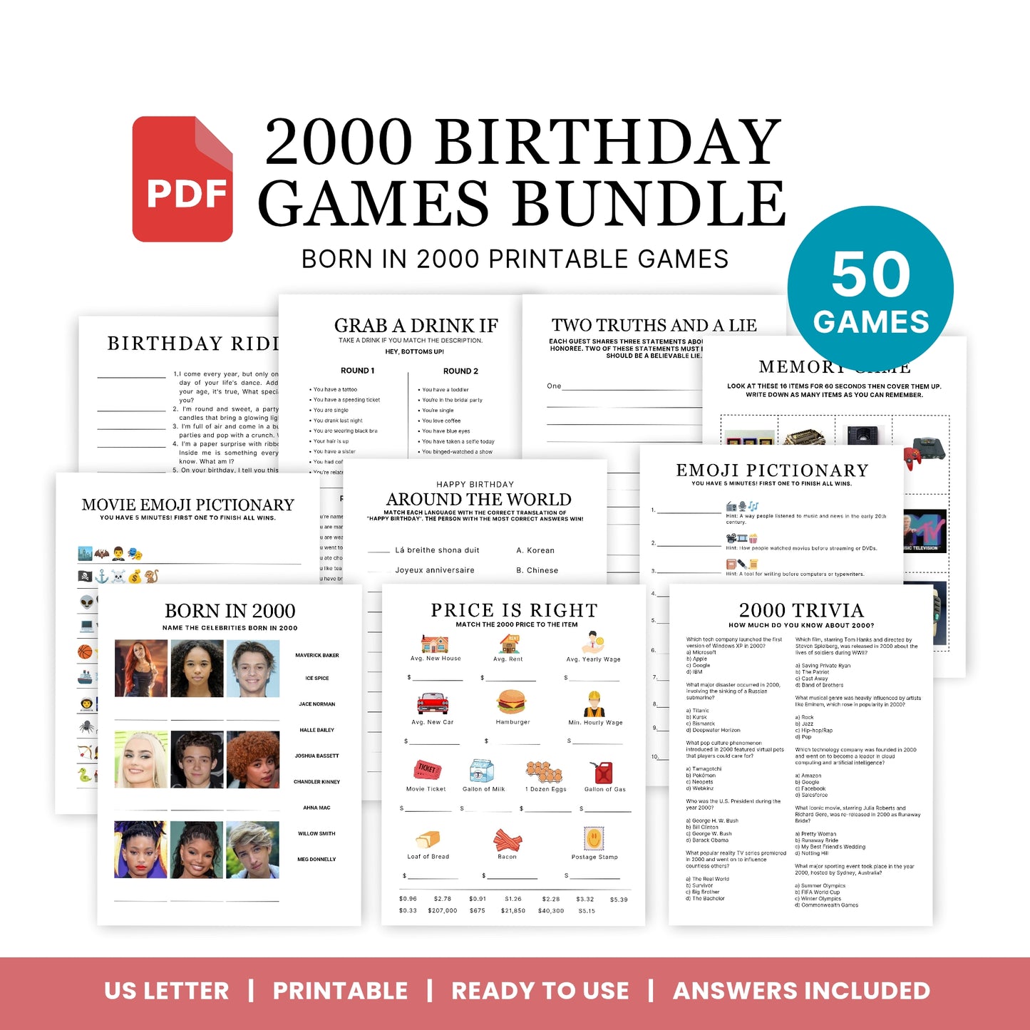 2000 Birthday Games, Born in 2000 Games, Birthday Party Games, Printable Birthday Bundle