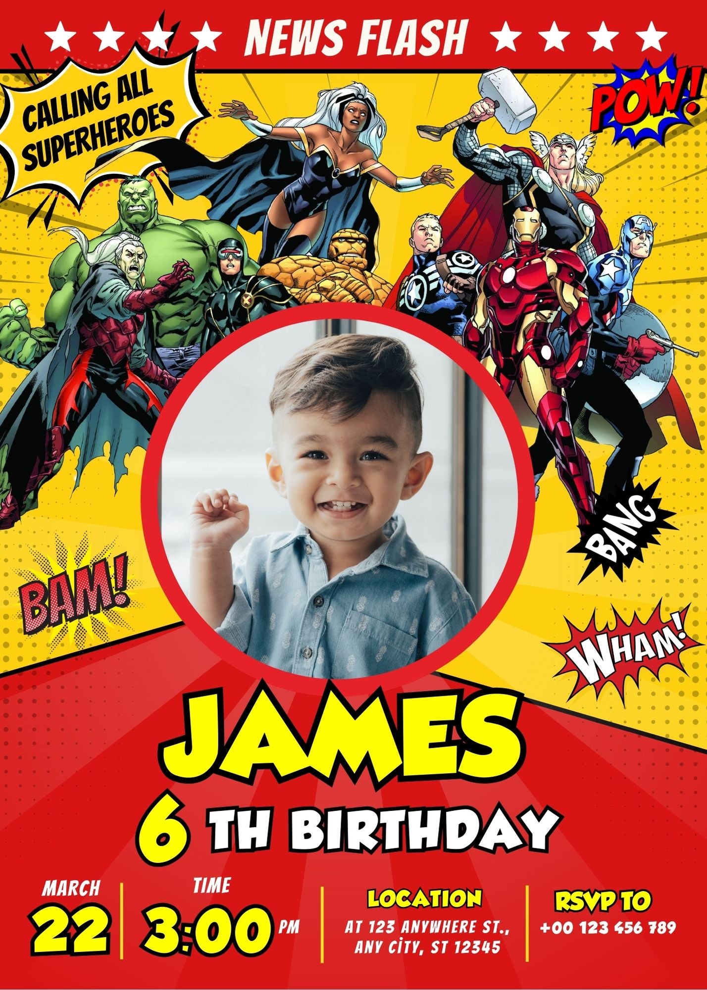 Superheroes Custom Birthday Invitation Yellow-Blue Theme