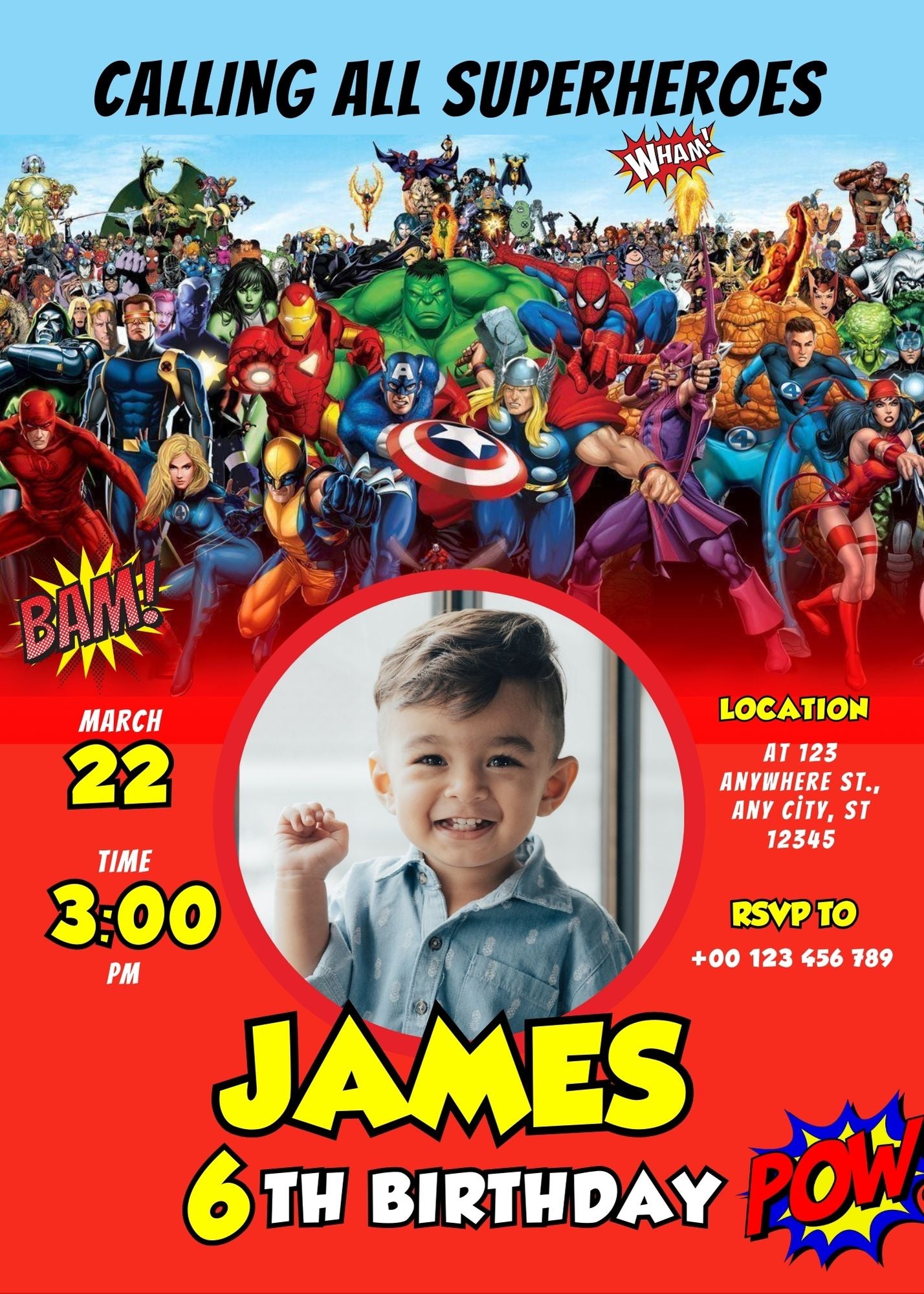 Superheroes Custom Birthday Invitation Red Theme