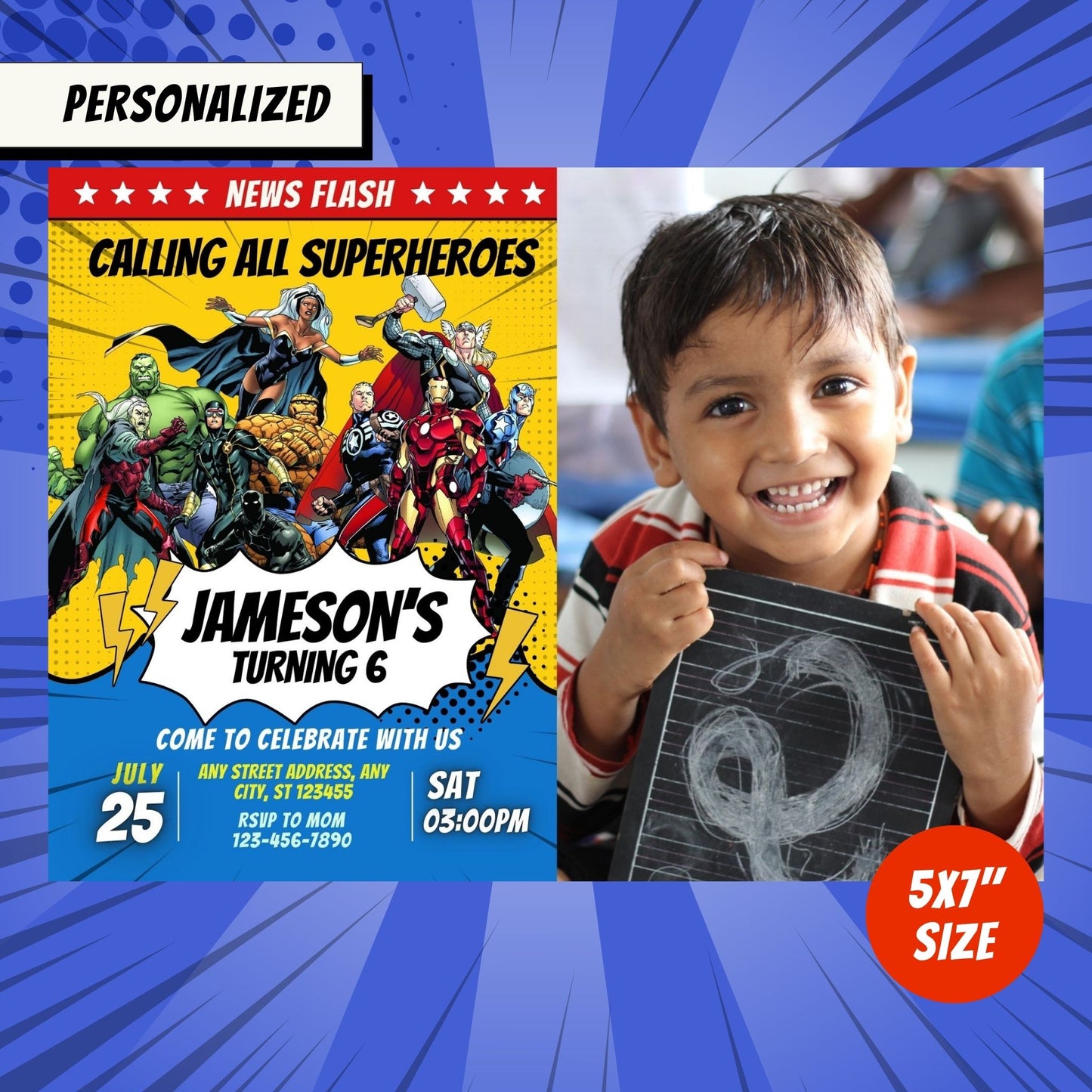 Superheroes Custom Birthday Invitation with Photo Yellow-Blue Theme