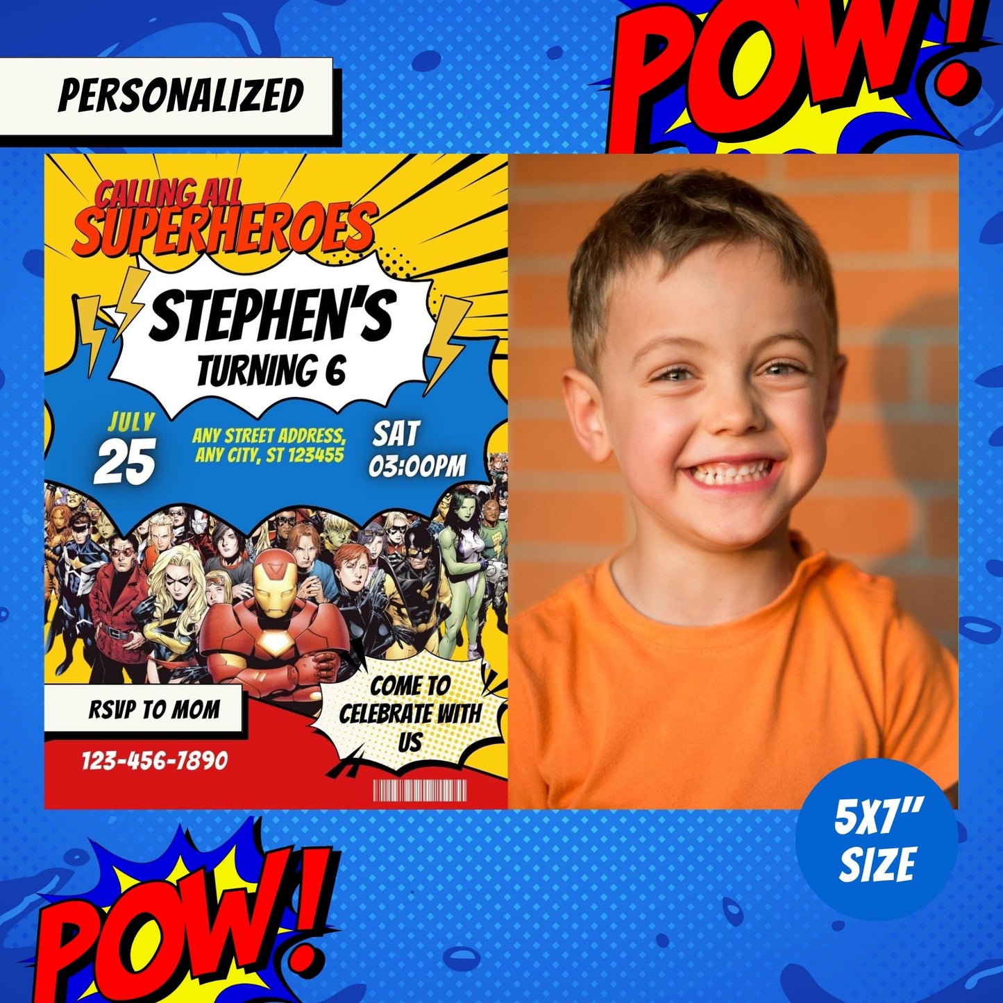 Superheroes Custom Birthday Invitation with Photo Yellow-Blue-Red Theme