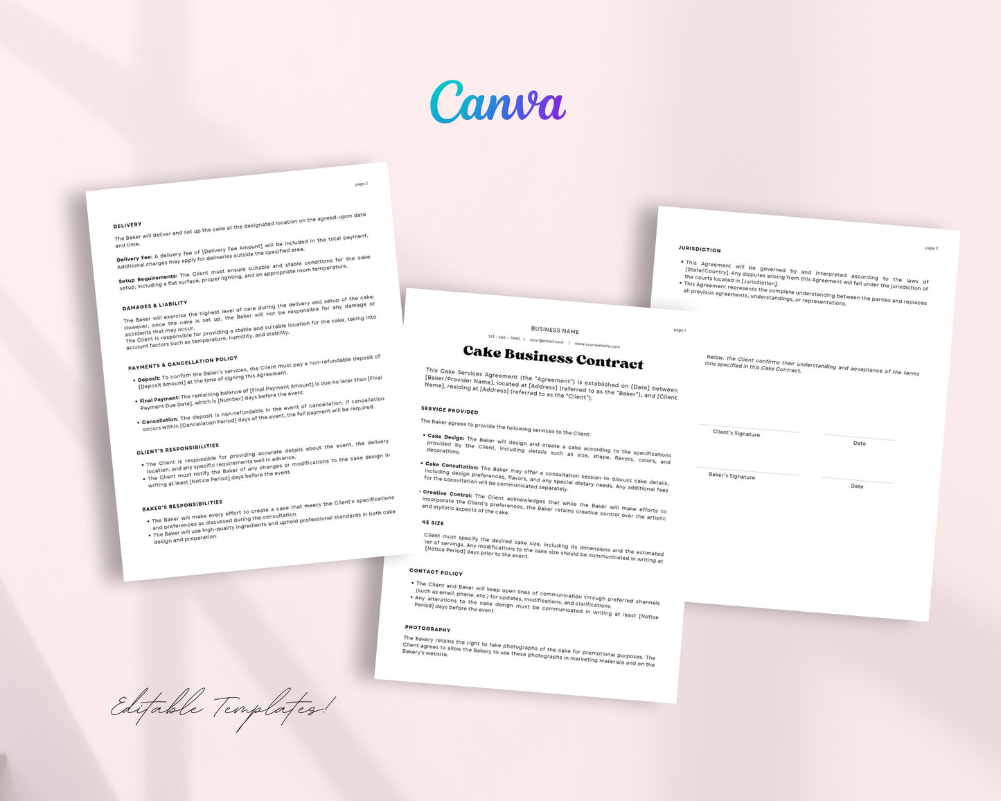 Cake Contract Printable, Contract form, Order Form, Business signs, Editable Canva Template, Bakery Small Business, US letter size