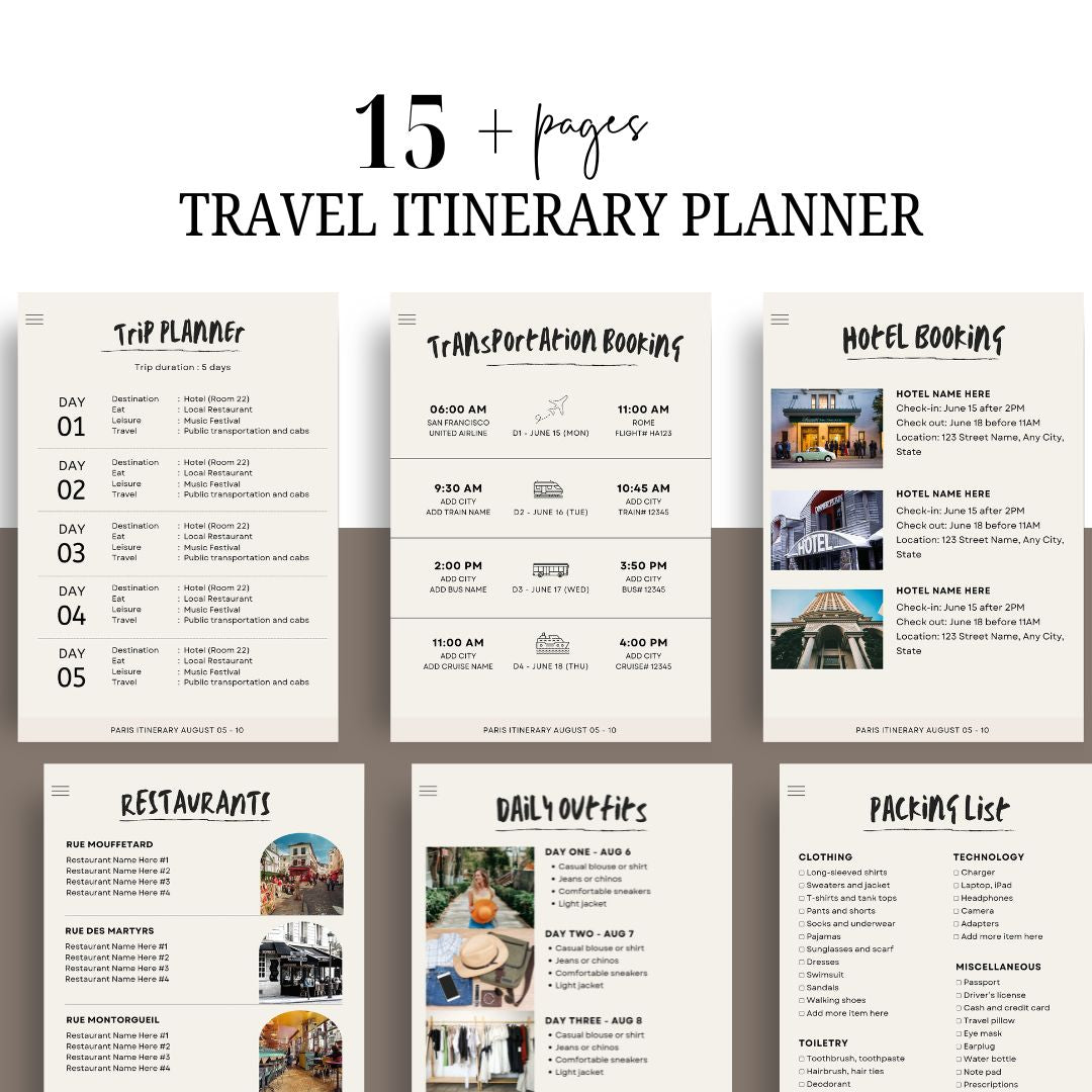 Editable Travel Itinerary Template | Trip Itinerary | Printable Travel Guide | Travel Agent Planner | Holiday Honeymoon Vacation Planner