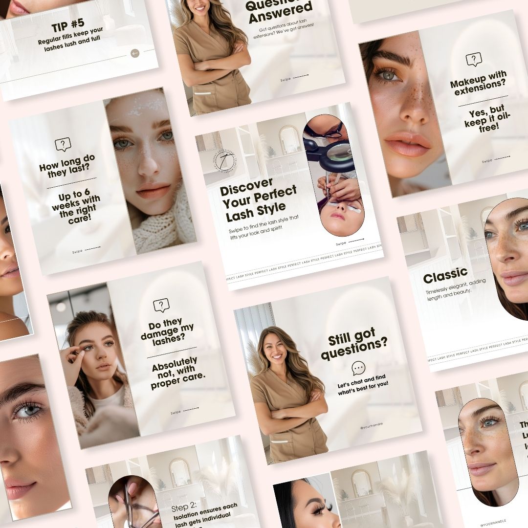 30 Lash Tech Carousel Instagram Posts Editable Canva Template
