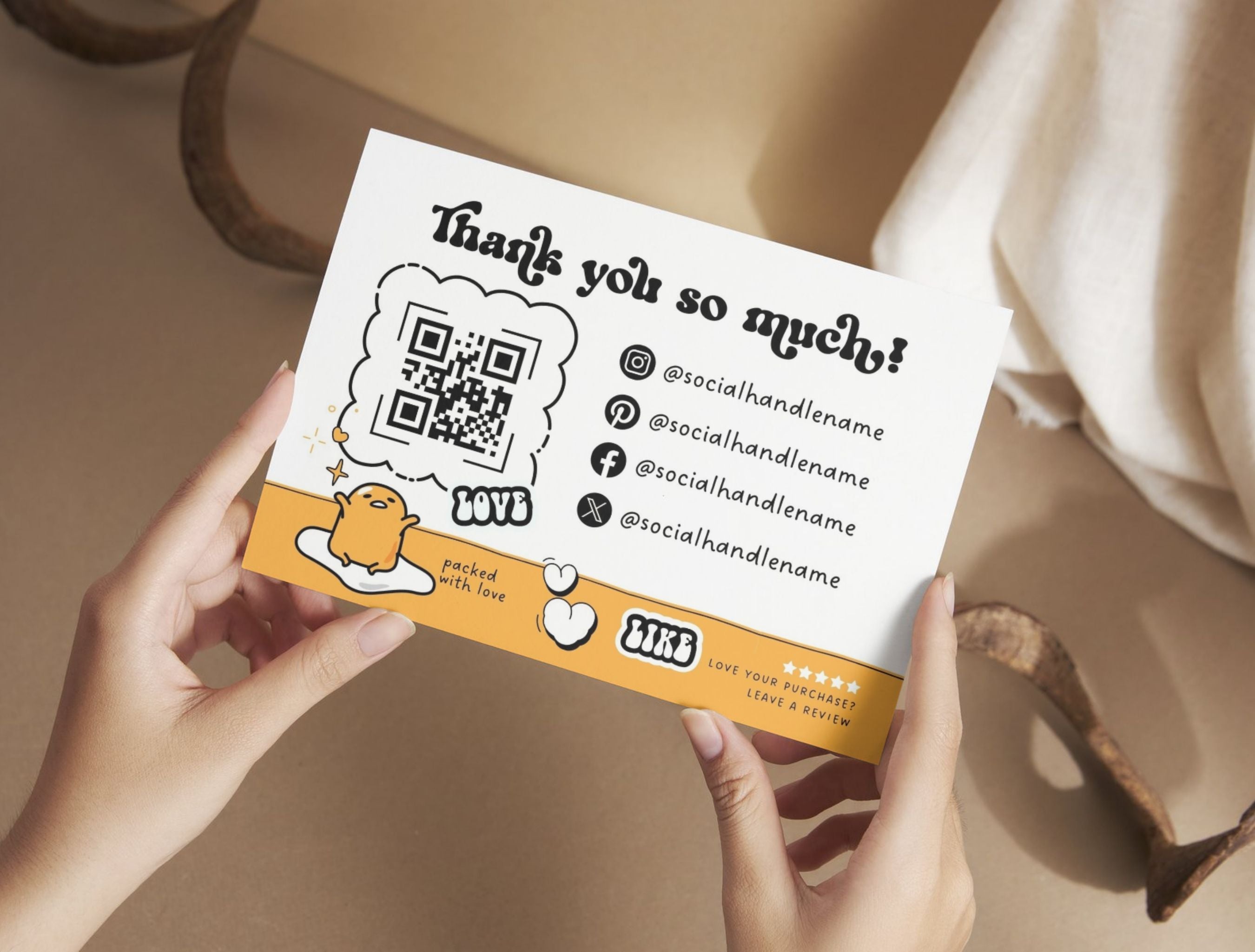 Small Business Printable Canva Templates – Thank You & Loyalty Card, Gift Certificate, QR Code Payment Gudetama Playful Fun Theme